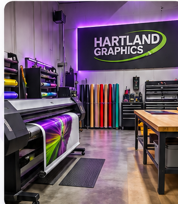 Hartland Graphics workshop with large-format printer and purple-lit workspace